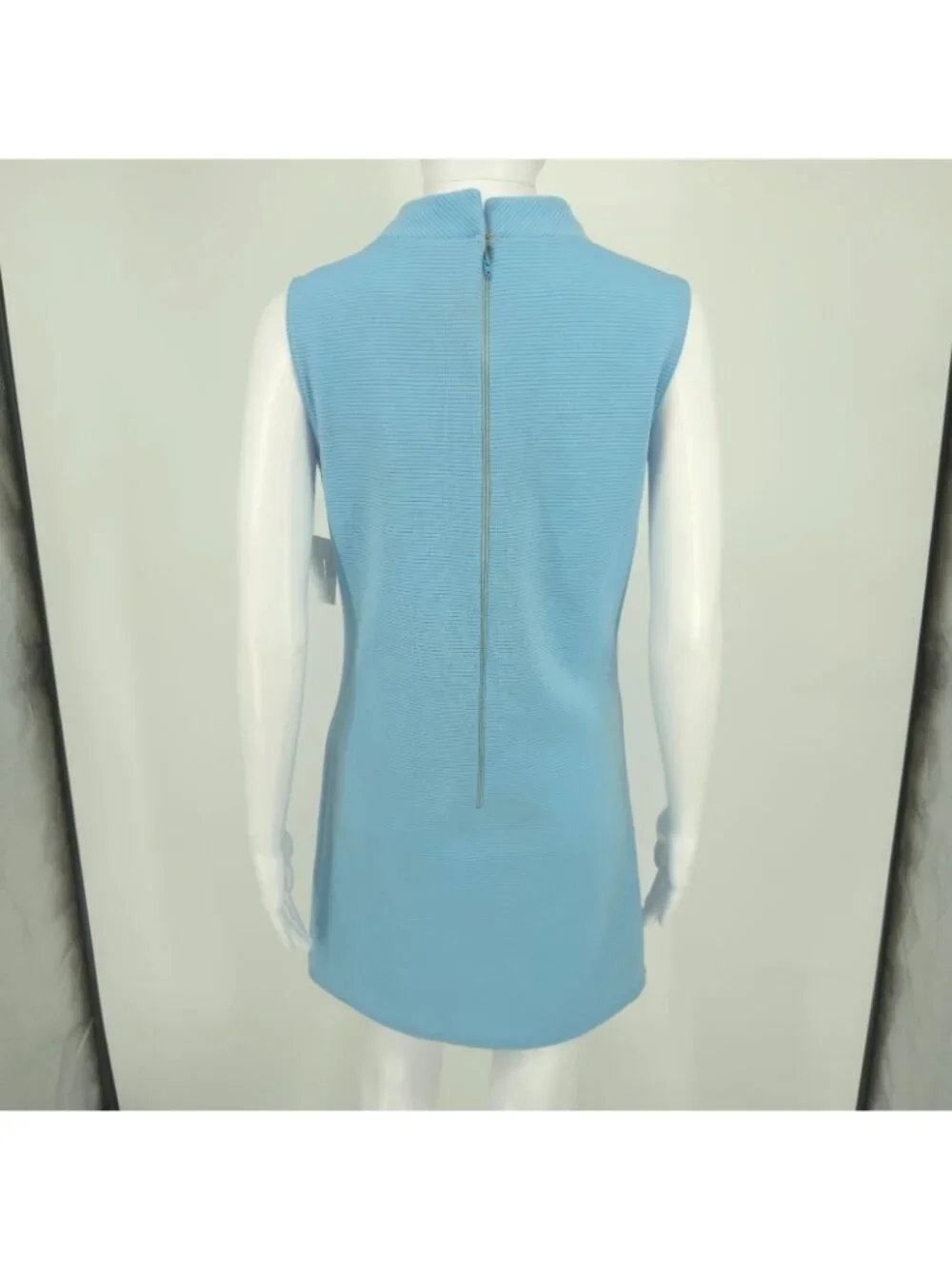Vintage 1960s Blue Dacron Ribbed Knit Sleeveless Mock Neck Mod Mini Dress (M)